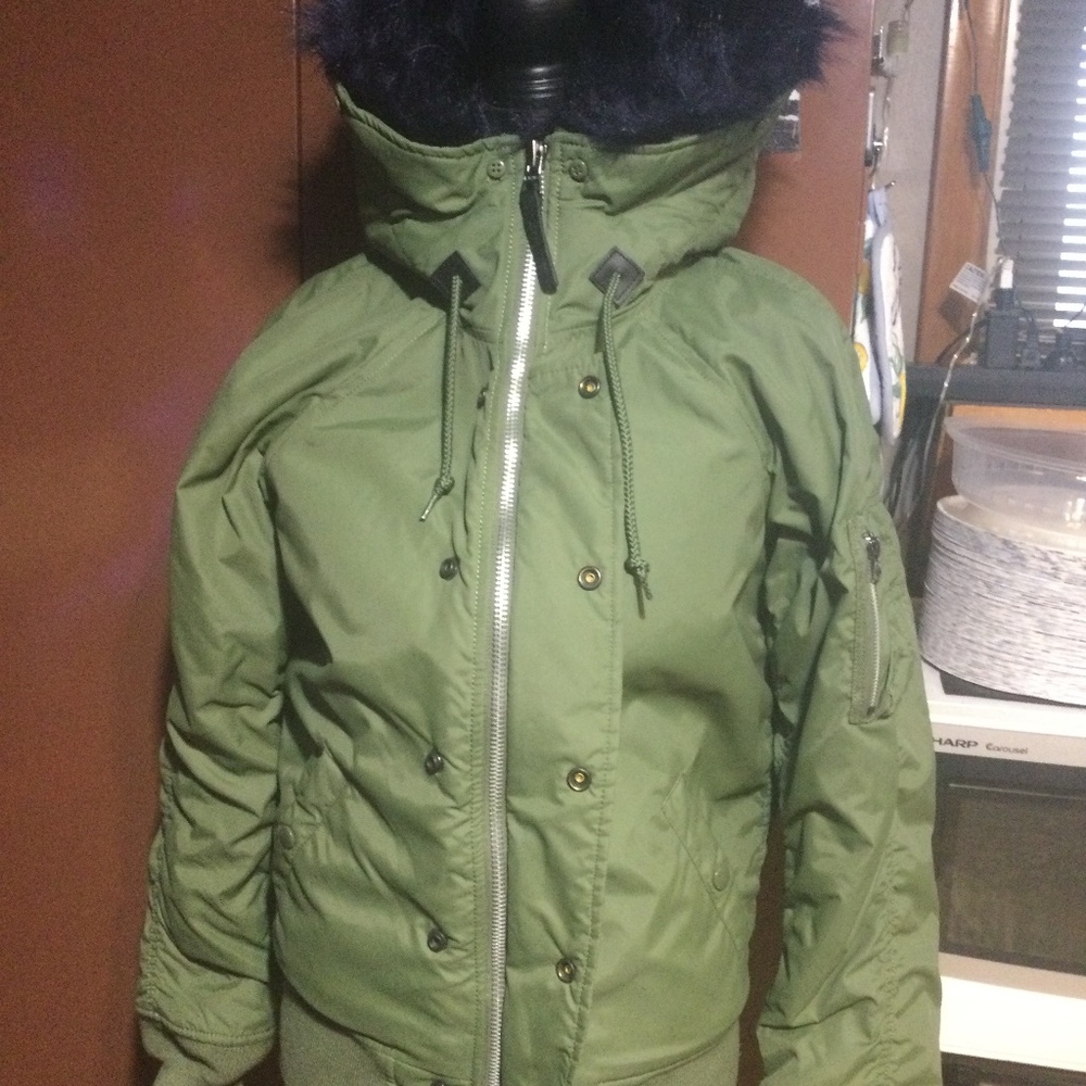 Alpha Industries: Green Bomber jacket hooded with purple faux fur size small